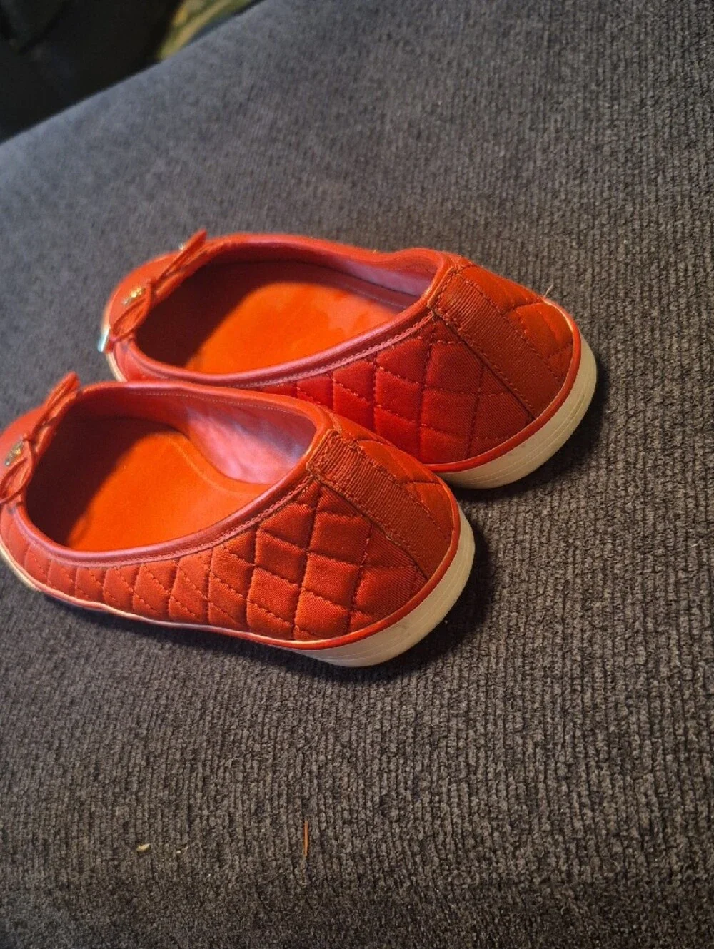 Tory Burch Orange-Red Leather Bow Ballet Flats with Logo Charm